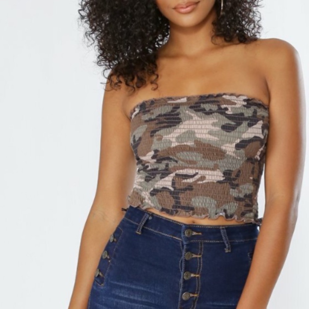 Camo Ruched Tube Top - Olive & Black